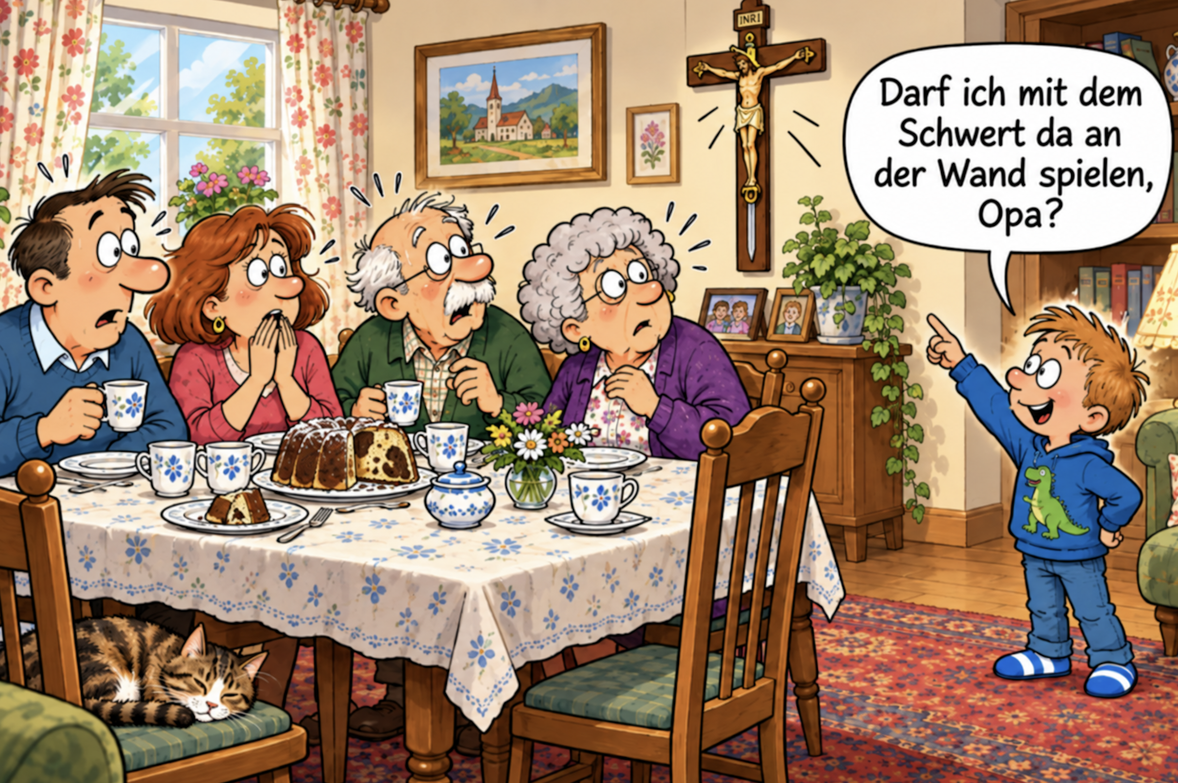 Ein Junge fragt seine Familie am Kaffeetisch, ob er mit dem Schwert an der Wand spielen darf.